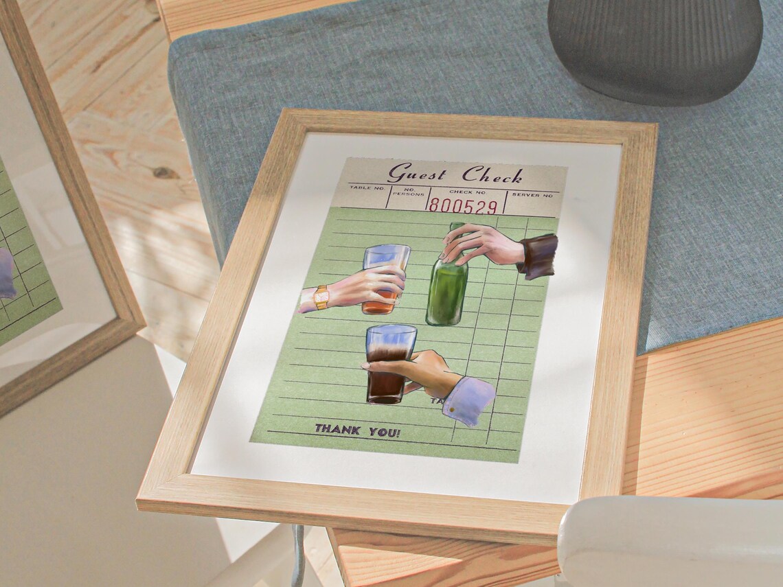 Guest Check Retro Trendy Art Print, Preppy Bar Cart - Image 3