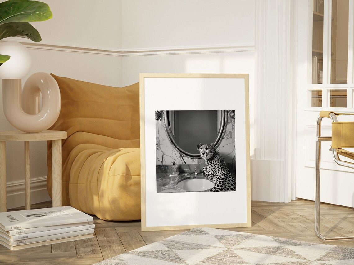 Black and White Cheetah at a Marble Bathroom Sink Photo Poster - Image 3