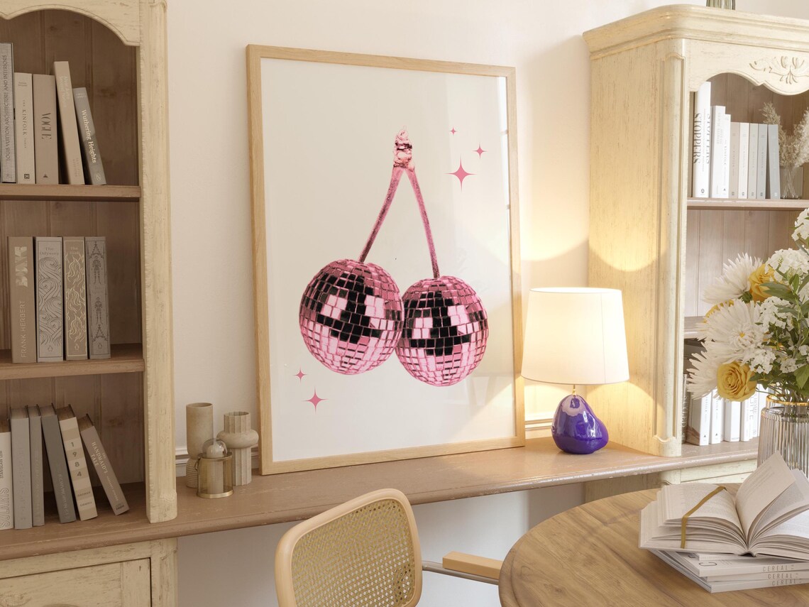 Cherry Disco Ball Print, Y2K Maximalist Decor - Image 3
