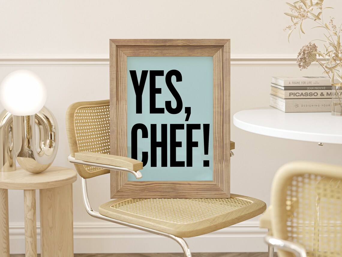 Yes, Chef! Blue Background Bold Typography Minimalist Kitchen Quote Poster - Image 2