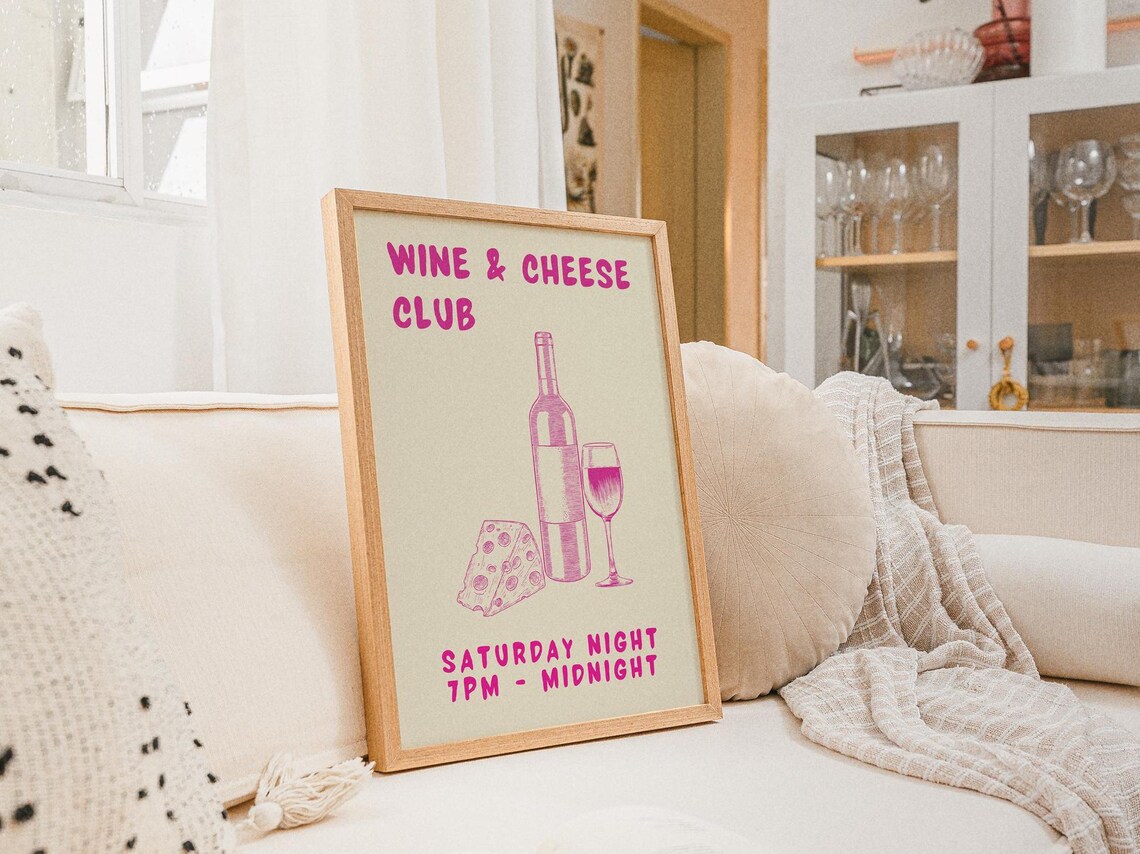 Wine And Cheese Club Pink Saturday Night Retro Kitchen Bar Poster - Image 2