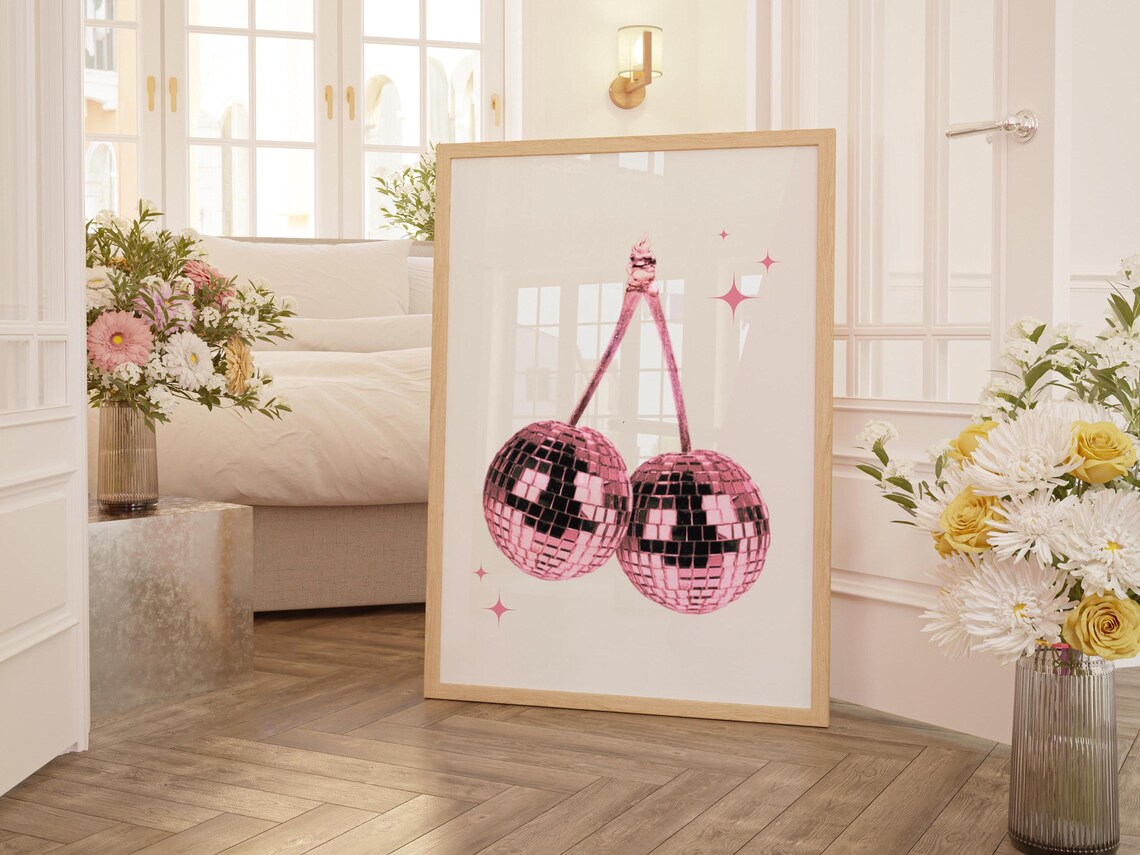 Cherry Disco Ball Print, Y2K Maximalist Decor - Image 2