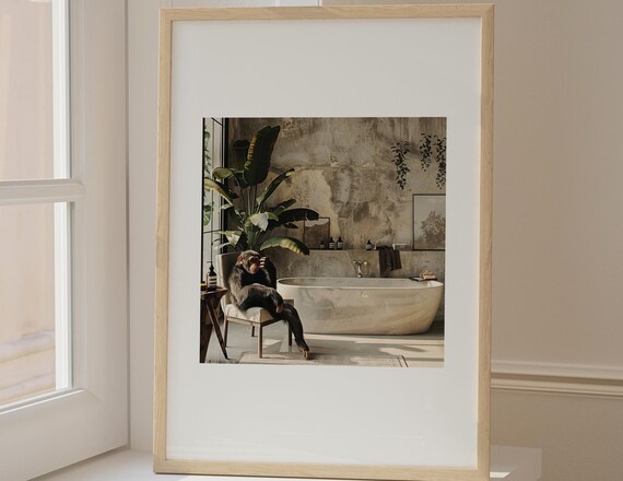 Chimpanzee Lounging by Bathtub in Jungle Bathroom Funny Animal Poster