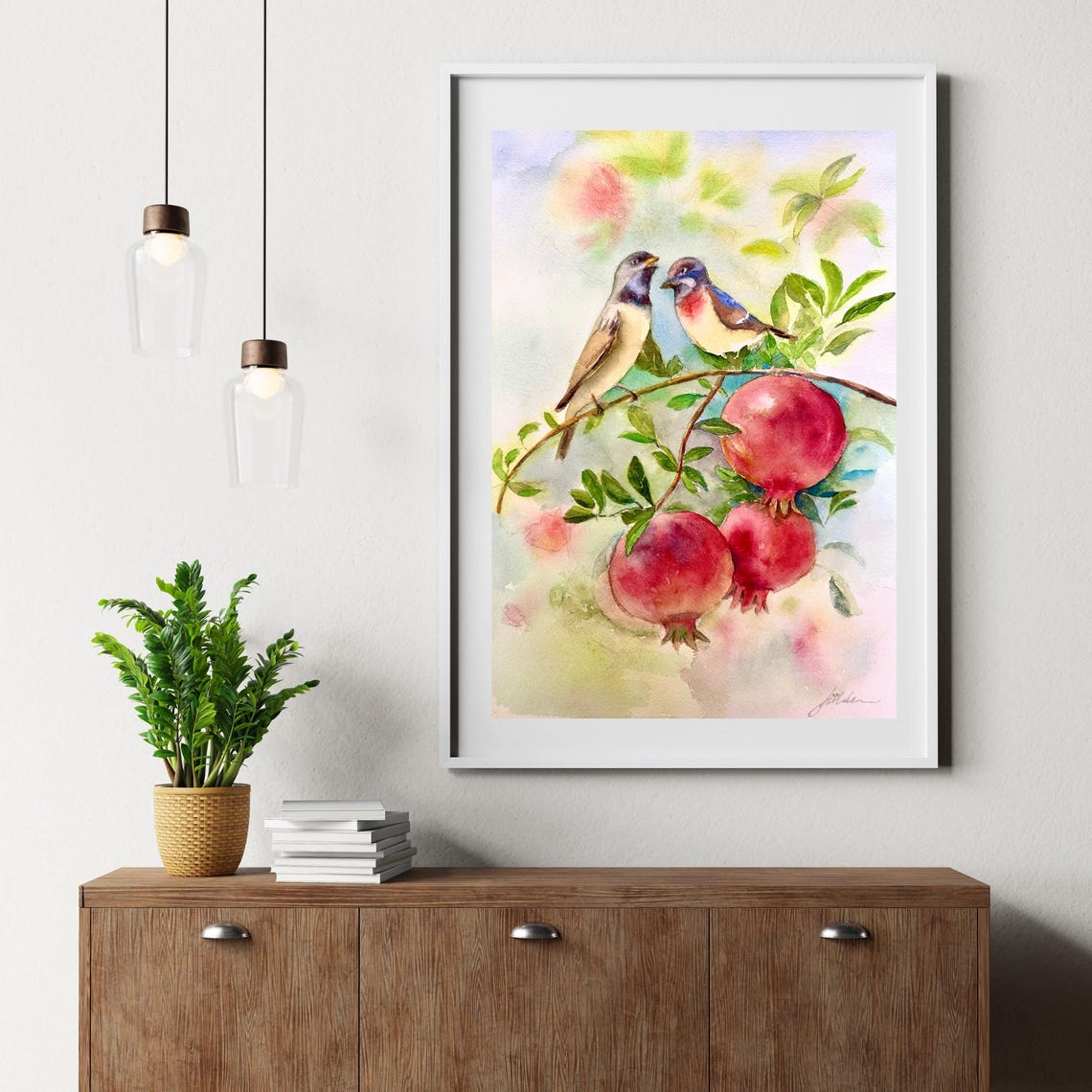 Two Songbirds Among Ripe Pomegranates Watercolor Orchard Poster - Image 5