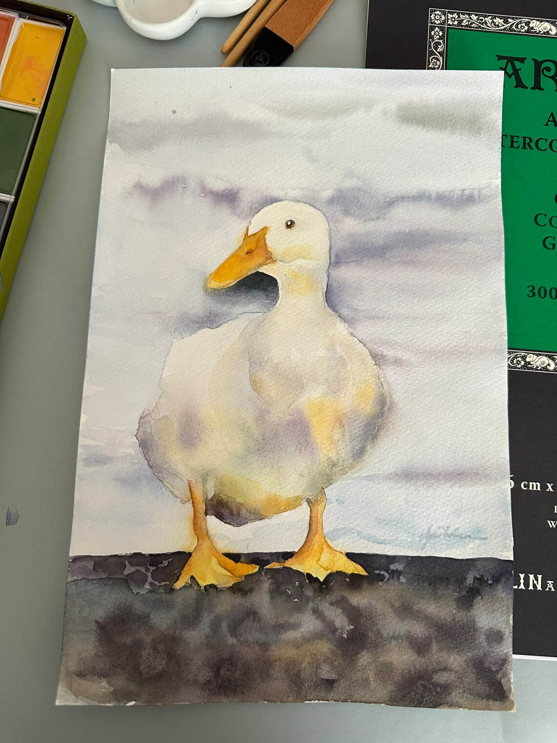 Serene White Duck Standing Tall in Soft Watercolor Art Poster