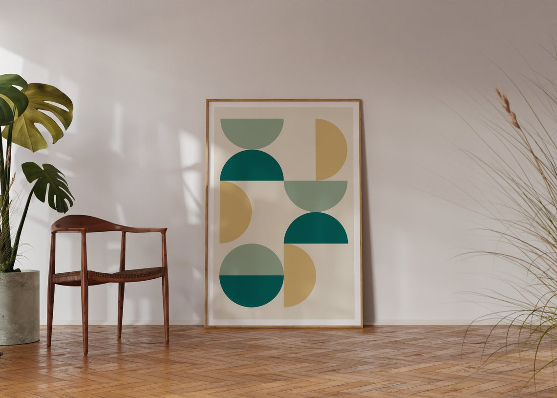 Teal Gold Crescent Geometric Mid Century Modern Abstract Poster - Image 3