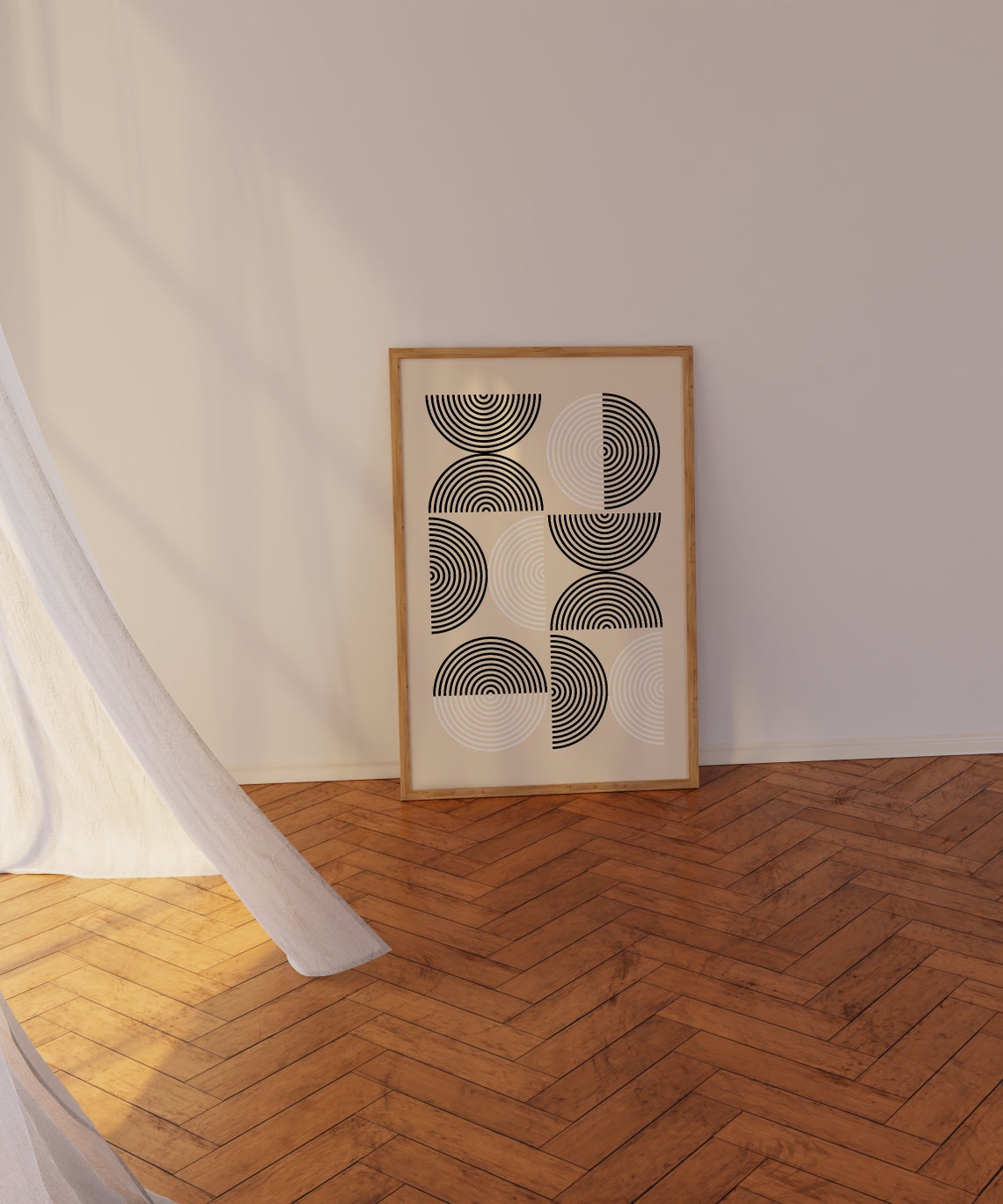 Mid Century Modern Bauhaus Semicircle Grid Black Beige Wall Poster - Image 2
