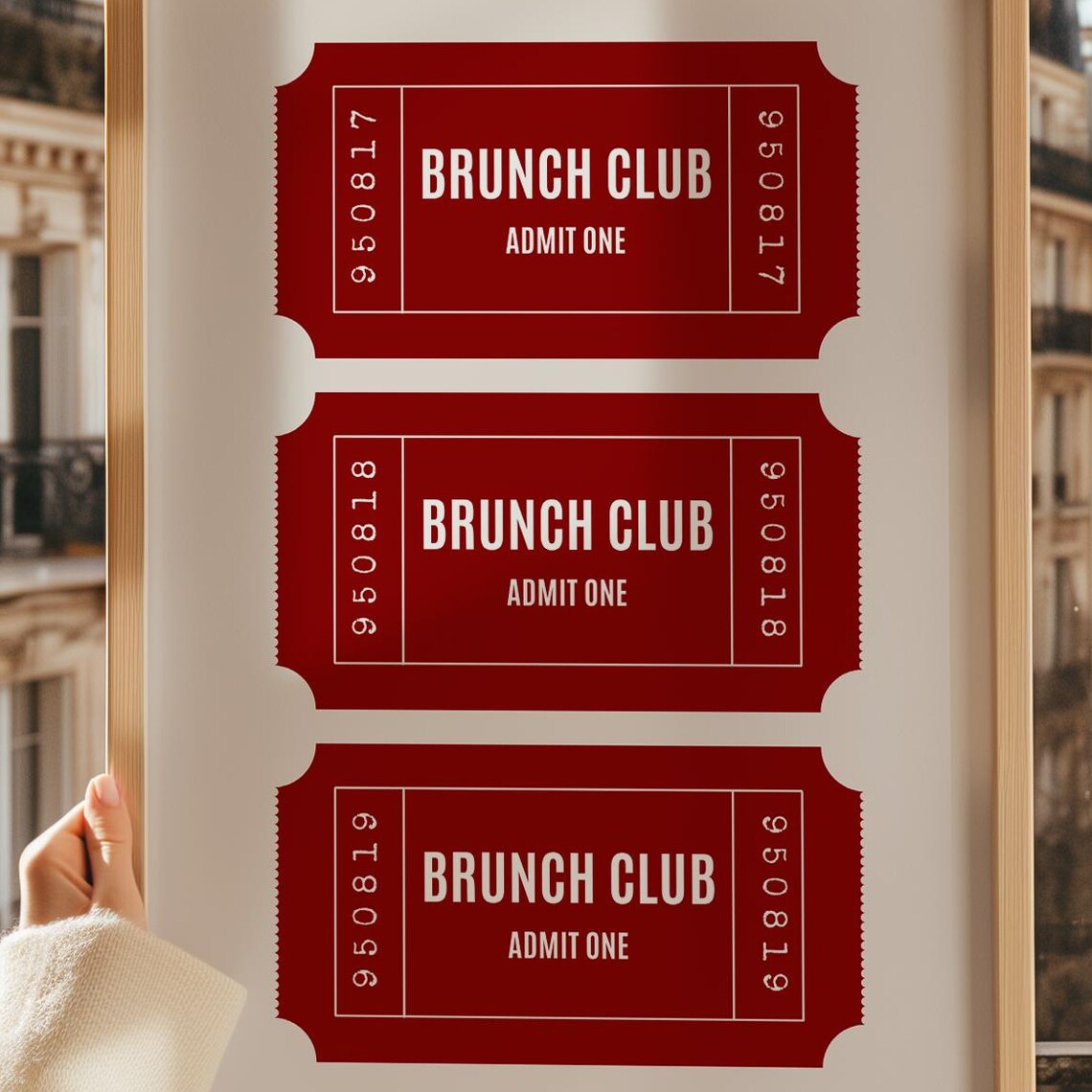 Brunch Club Ticket Stub Poster Red Admit One Trendy Kitchen Wall Decor