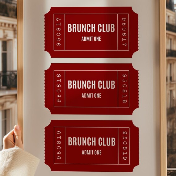 Brunch Club Ticket Stub Poster Red Admit One Trendy Kitchen Wall Decor