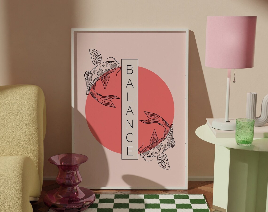 Balance Pink Koi Fish Japanese Yin Yang Retro Symbol Art Poster