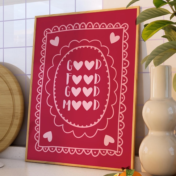 Good Food Good Mood Heart Kitchen Quote Red Retro Decor Poster