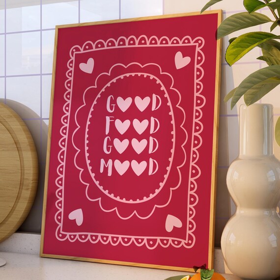 Good Food Mood Print Cute Kitchen Wall Art Eclectic Modern Minimalist Heart Chef Quote Decor