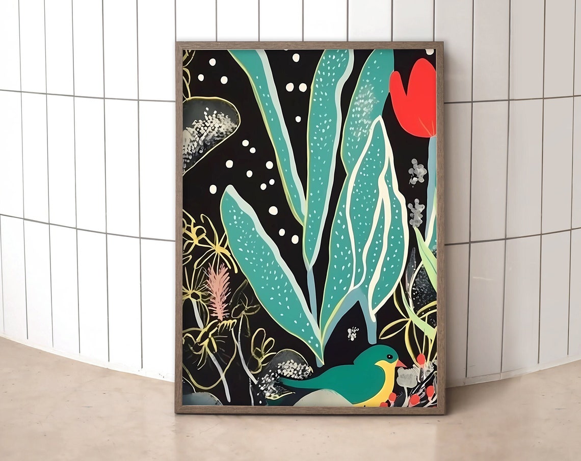 Midnight Botanical Teal Leaves Tropical Bird Modern Dark Art Poster