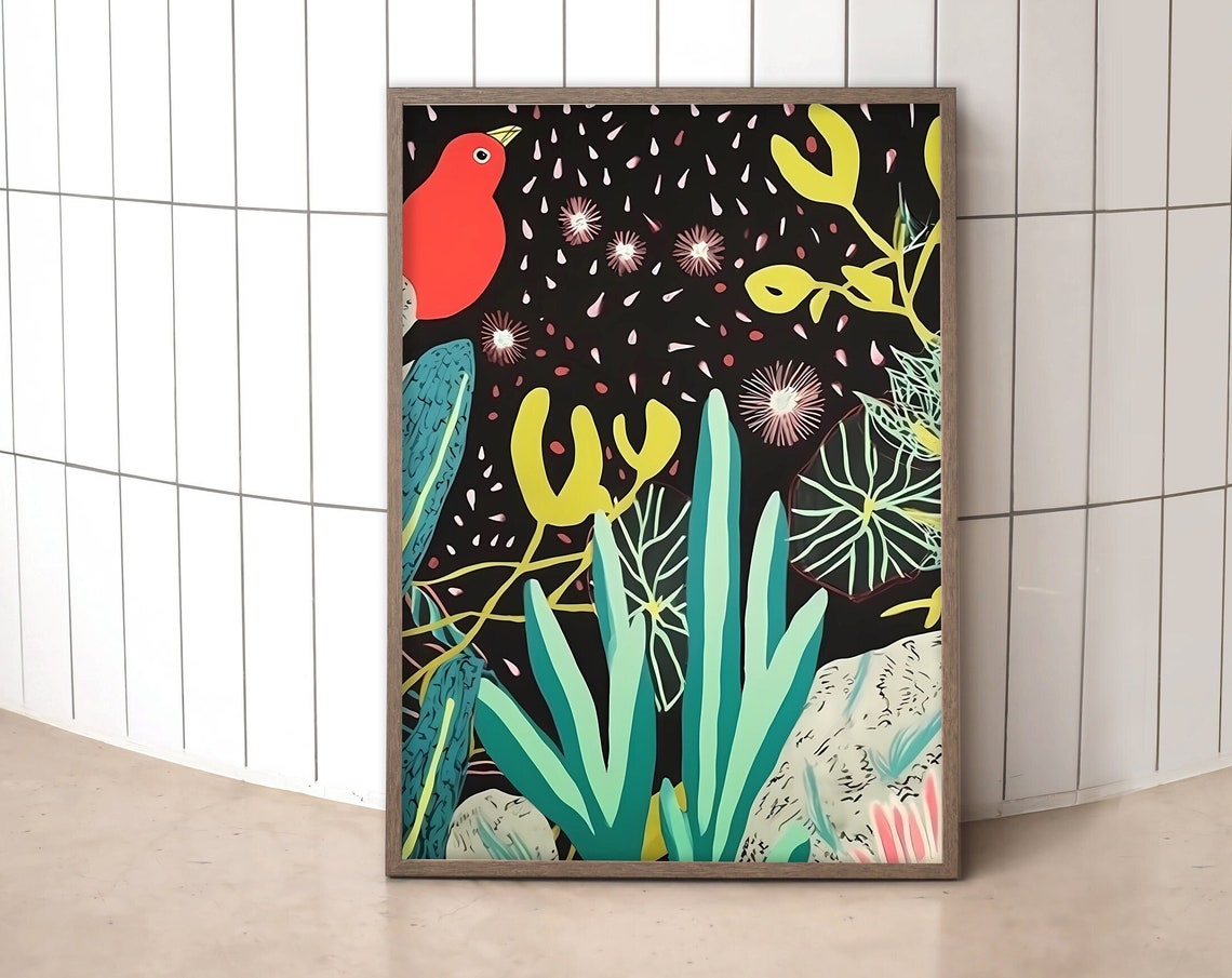 Red Bird Midnight Jungle Black Background Botanical Bird Art Poster