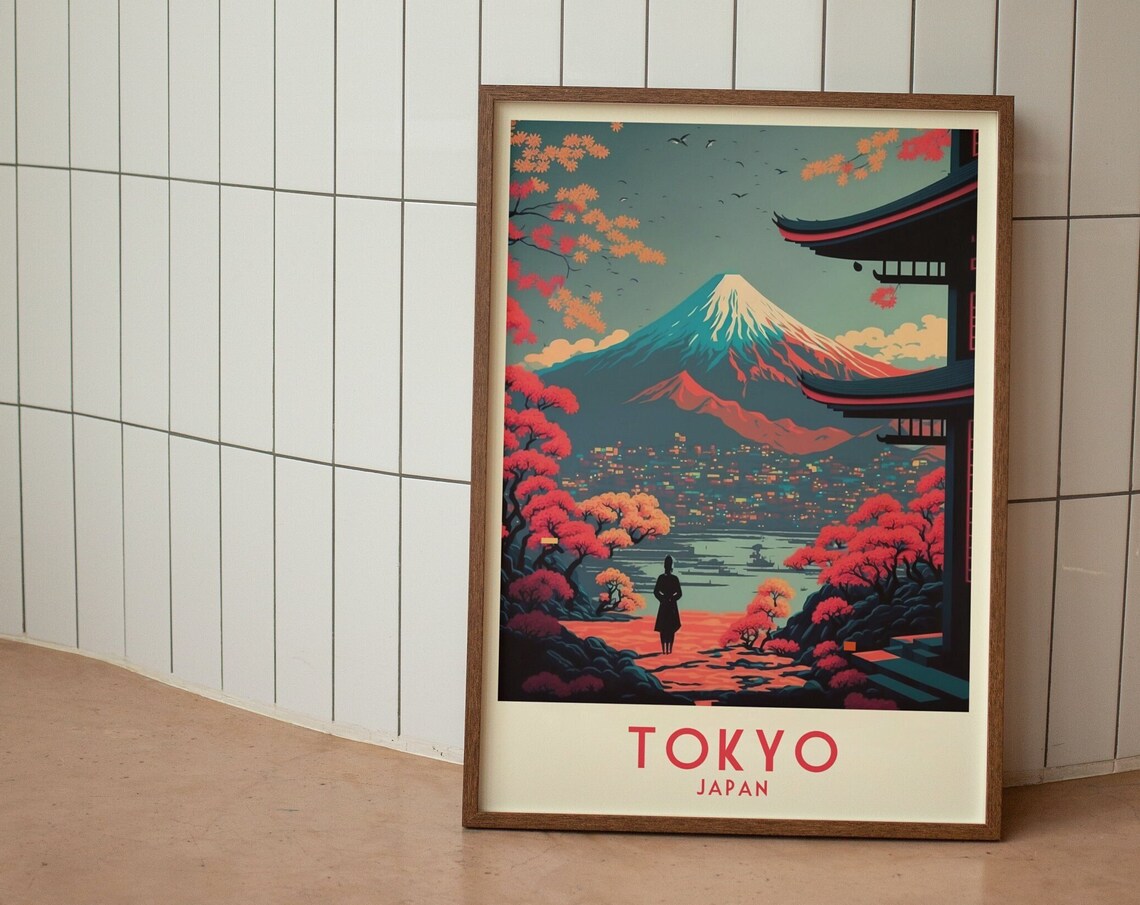 Tokyo Mount Fuji Pagoda Cherry Blossom Retro Japan Travel Poster - Image 2