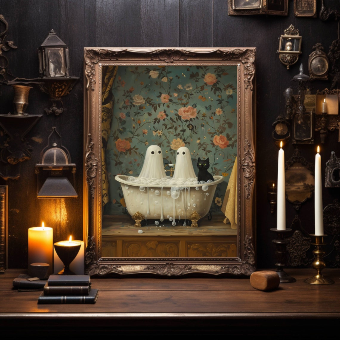 Two Cute Ghosts And A Black Cat In A Bubble Bath Whimsy Poster - Image 3