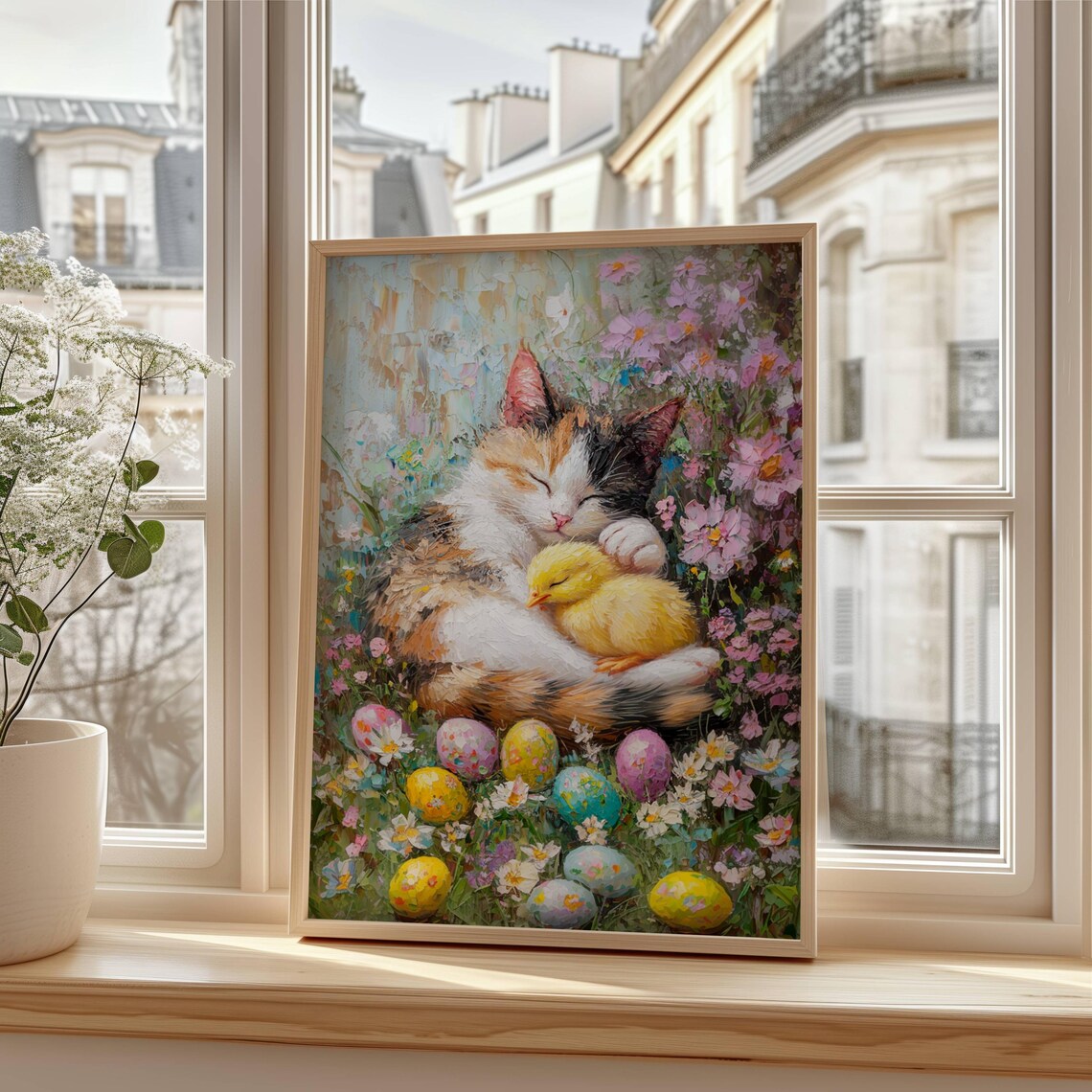 Sleepy Calico Cat Cuddling a Yellow Chick Among Painted Easter Eggs Poster - Image 7