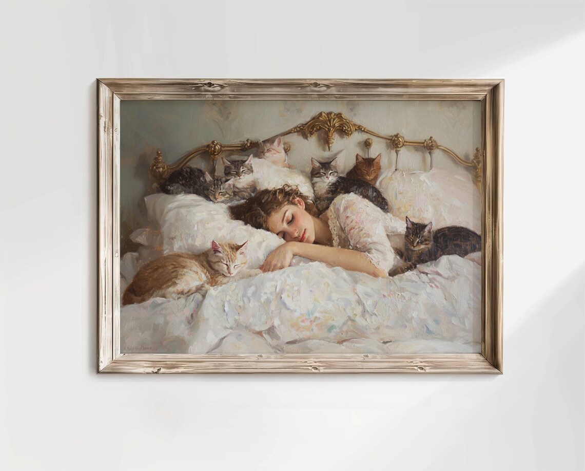Woman Napping With Her Cats Cat Lover Wall Art - Image 6