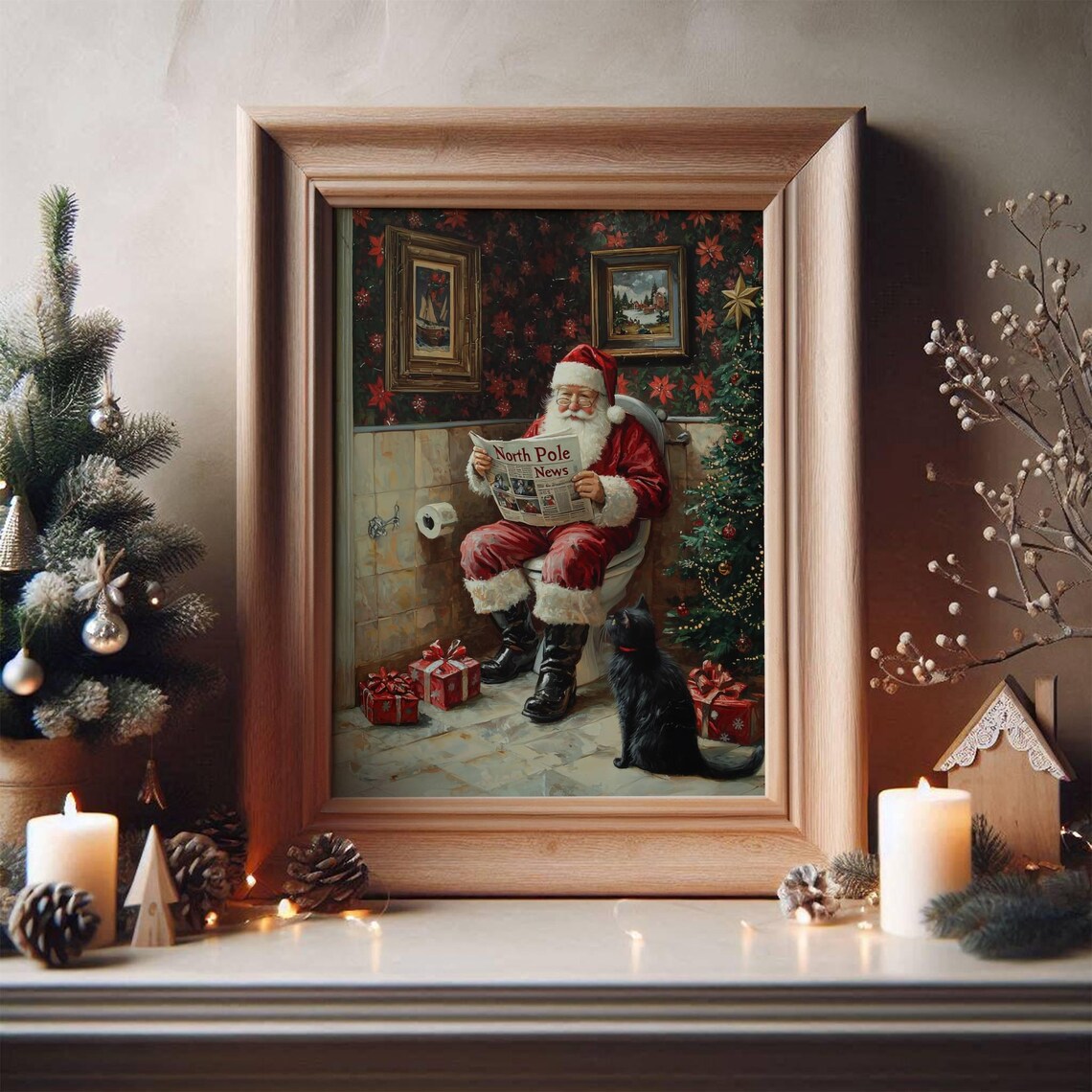 Santa Reading North Pole News in a Christmas Bathroom With Cat Poster - Image 5