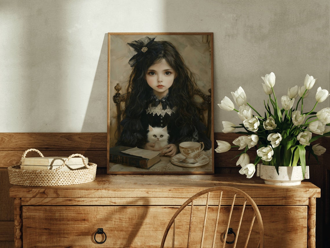 Gothic Portrait of a Girl Holding a White Cat at a Tea Table Poster - Image 4