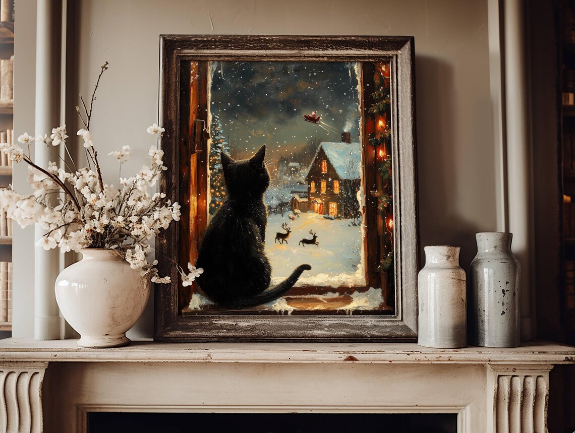 Black Cat Watching Santa Claus Christmas Poster - Image 4