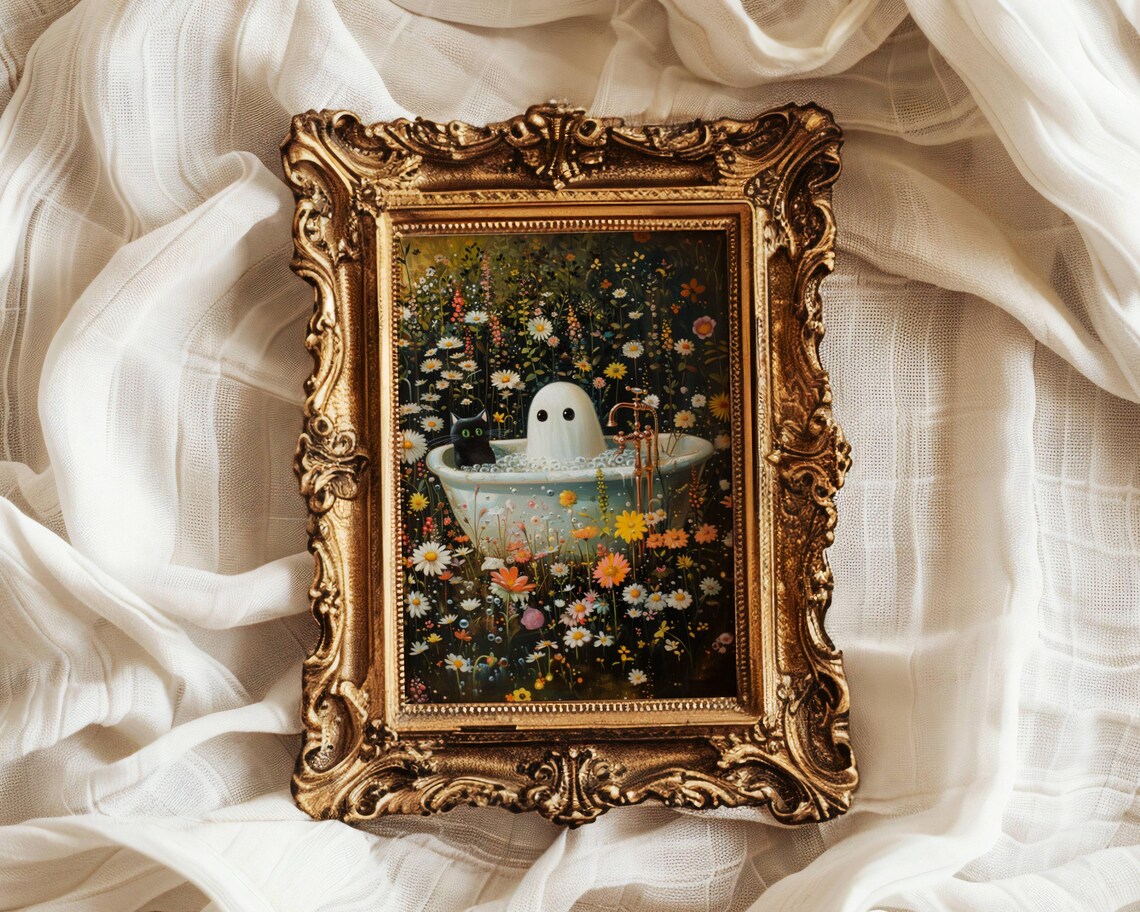 Ghost And Cat In Bathtub, Whimsigoth Halloween Art Print - Image 4