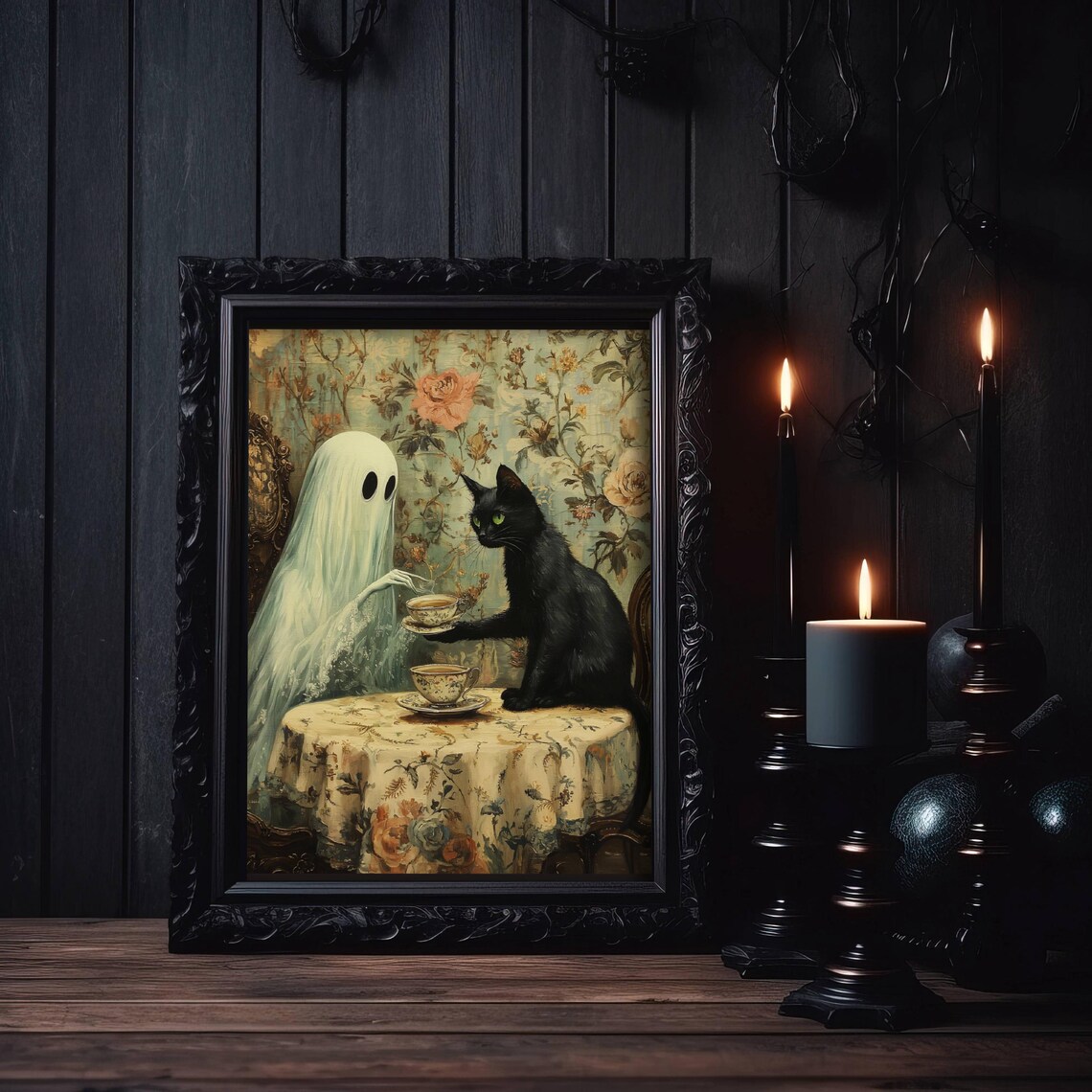 Ghost And Black Cat Teatime, Spooky Halloween Art Print - Image 4