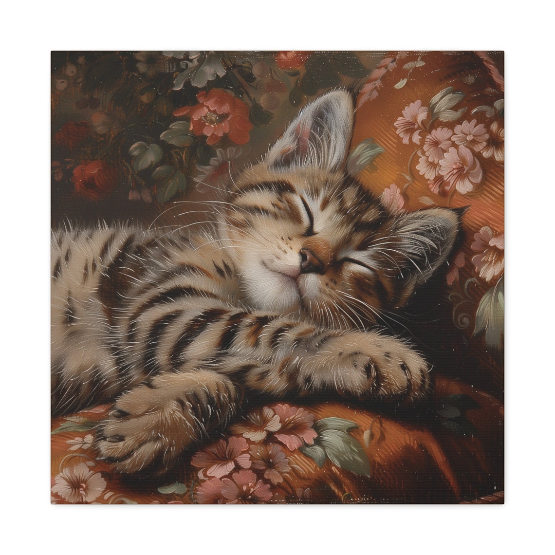 Sleeping Tabby Kitten on Rust Floral Cushion Oil Painting Poster - Image 2