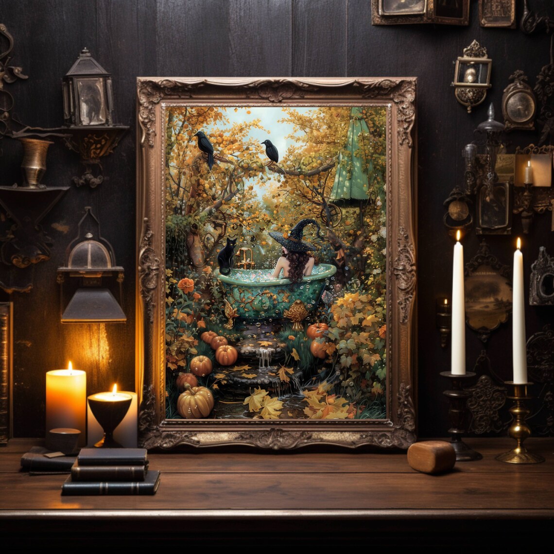 Witch In Bathtub Cat Art Print, Halloween Decor - Image 5