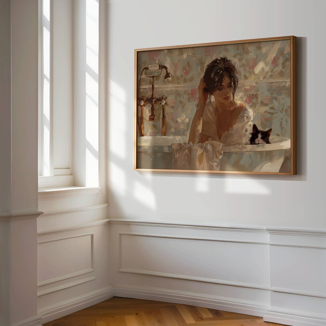 Elegant Woman Soaking in a Vintage Clawfoot Bathtub With a Tuxedo Cat Poster - Image 2