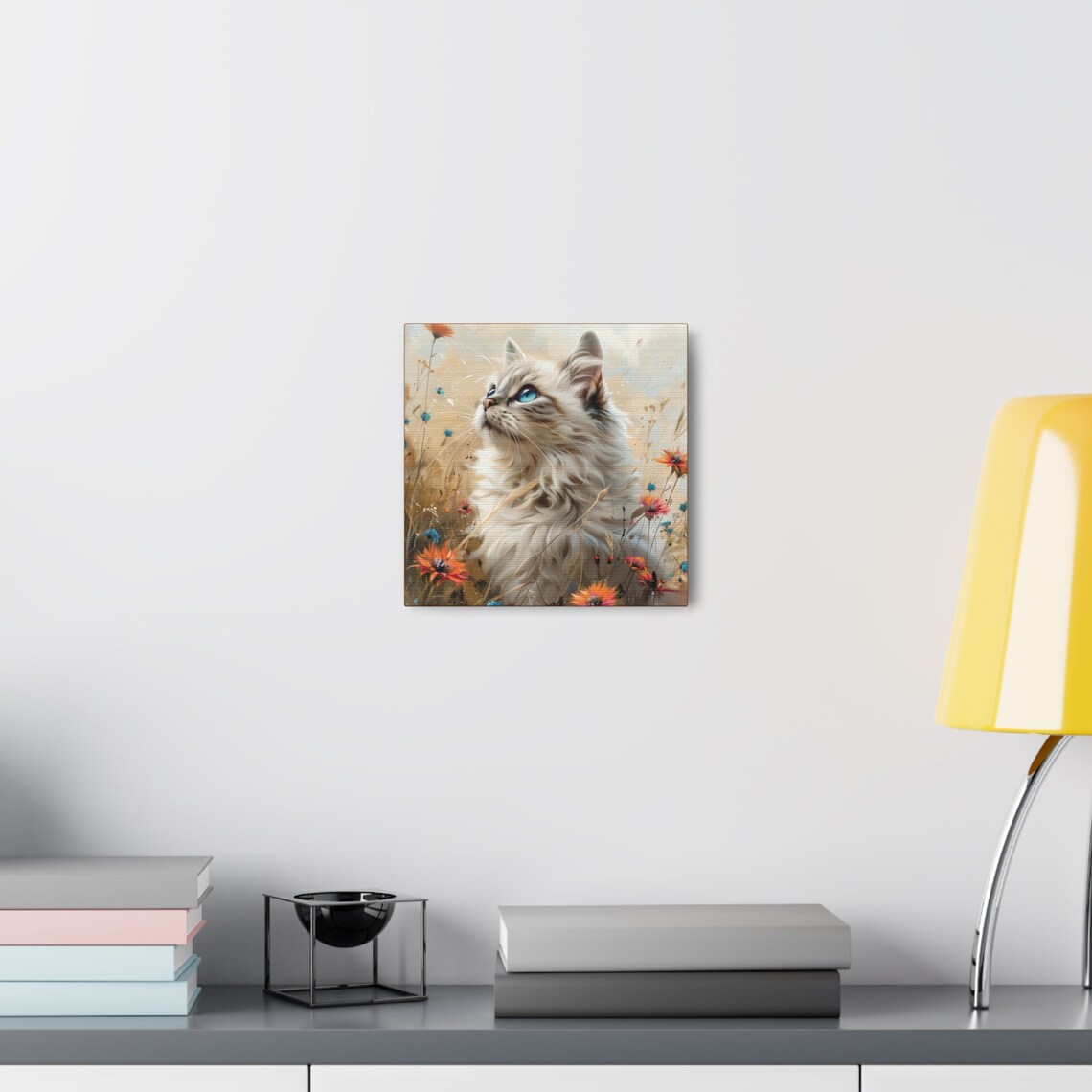 Blue Eyed Fluffy White Cat in a Wildflower Meadow Scene Poster - Image 5