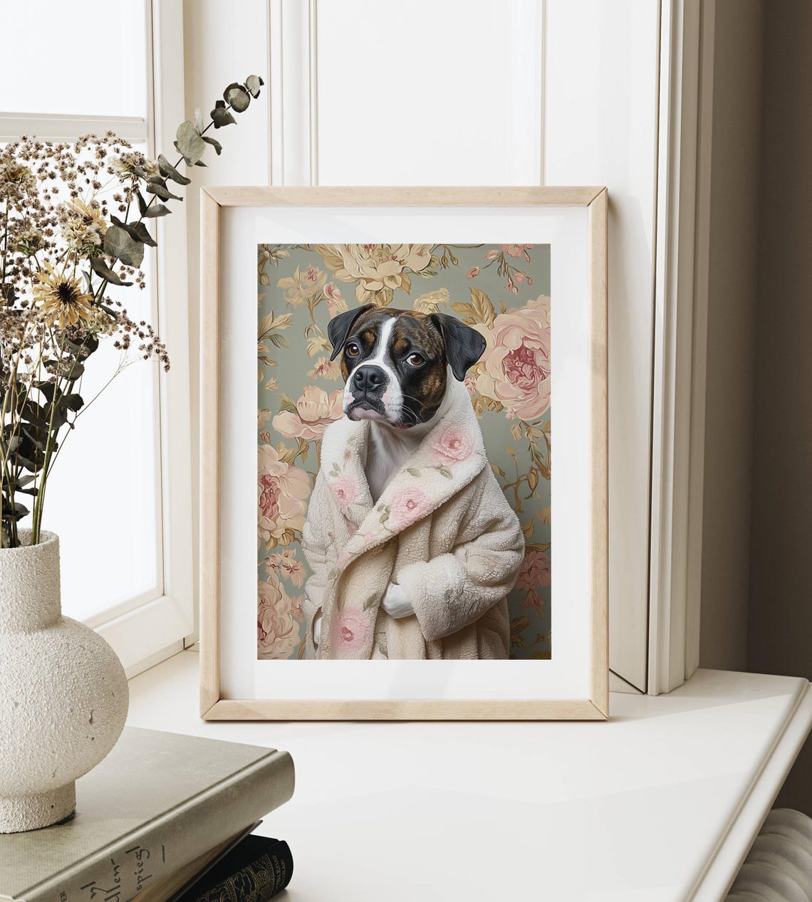 Boxer Dog Wearing a Cozy Floral Bathrobe Funny Dog Portrait Poster