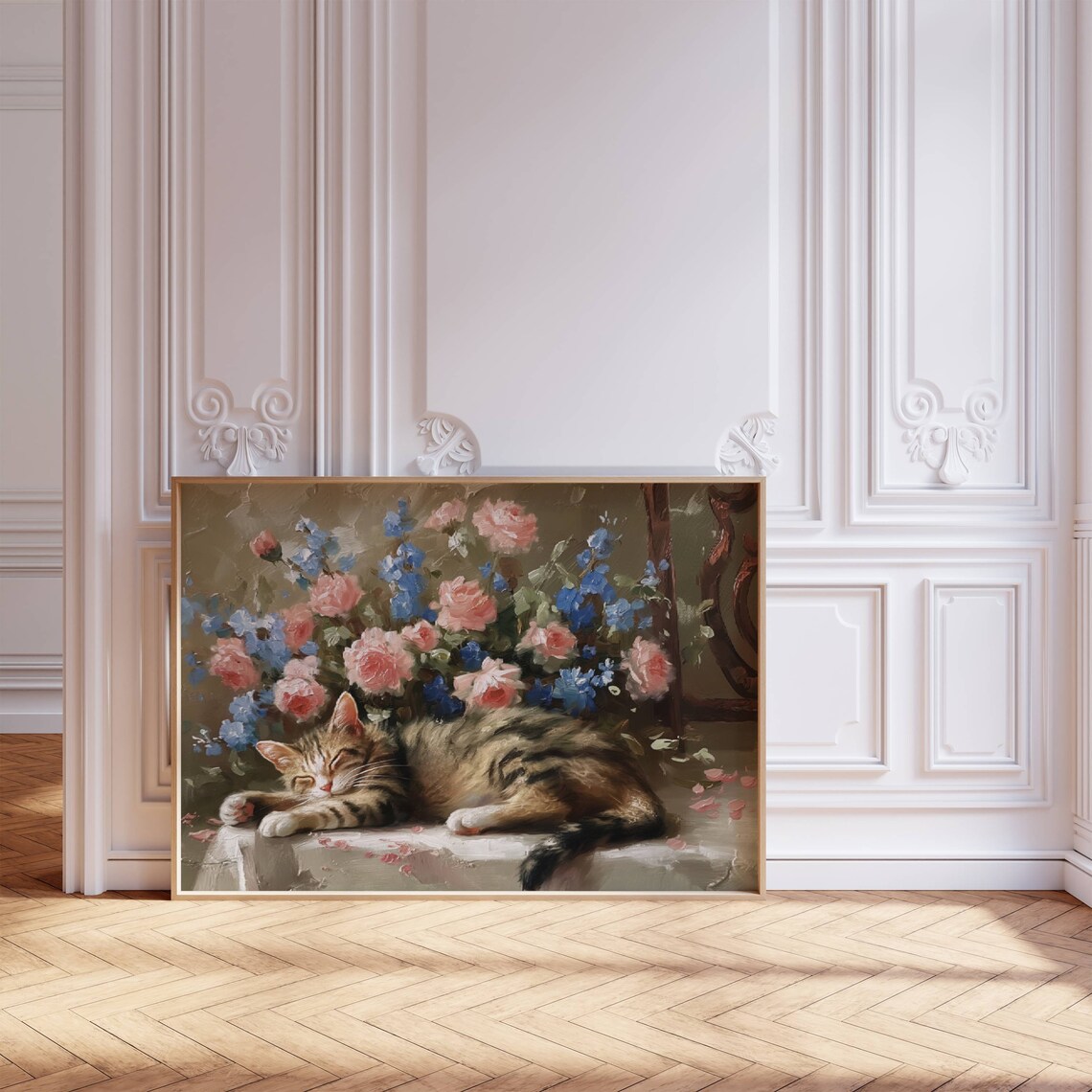 Tabby Cat Sleeping Among Pink Roses and Blue Delphinium Still Life Poster - Image 7