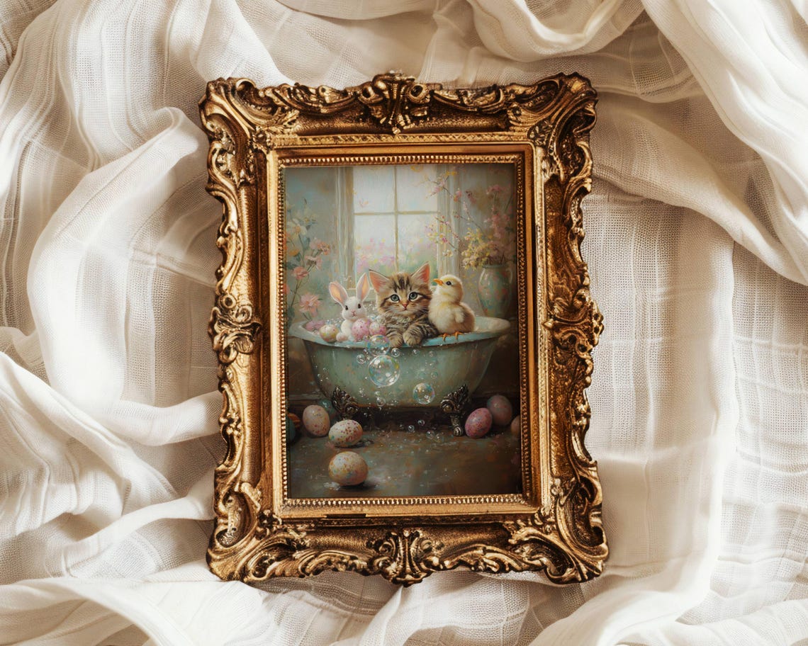 Tabby Kitten Bunny and Chick in a Floral Easter Bubble Bath Poster - Image 4
