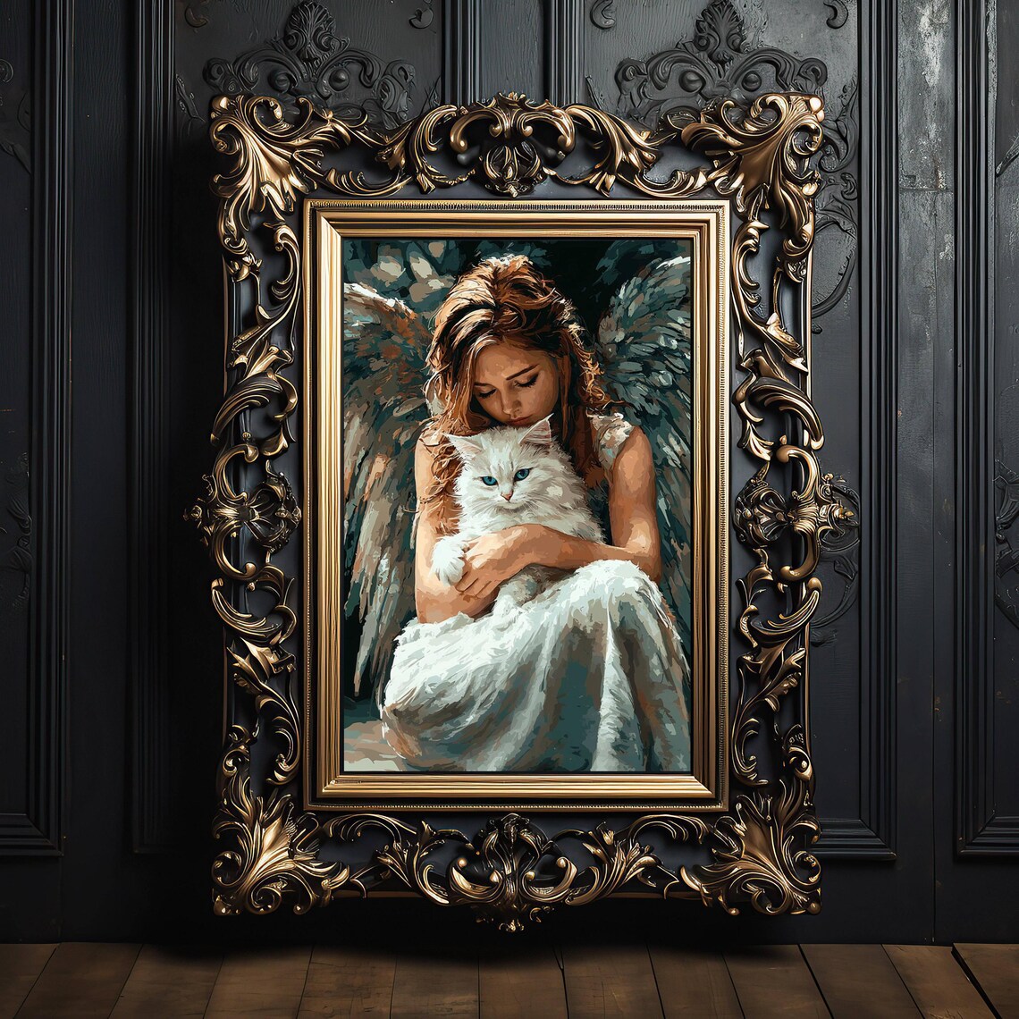 Gentle Angel Tenderly Embracing a Fluffy White Cat in a Painterly Spiritual Print - Image 4