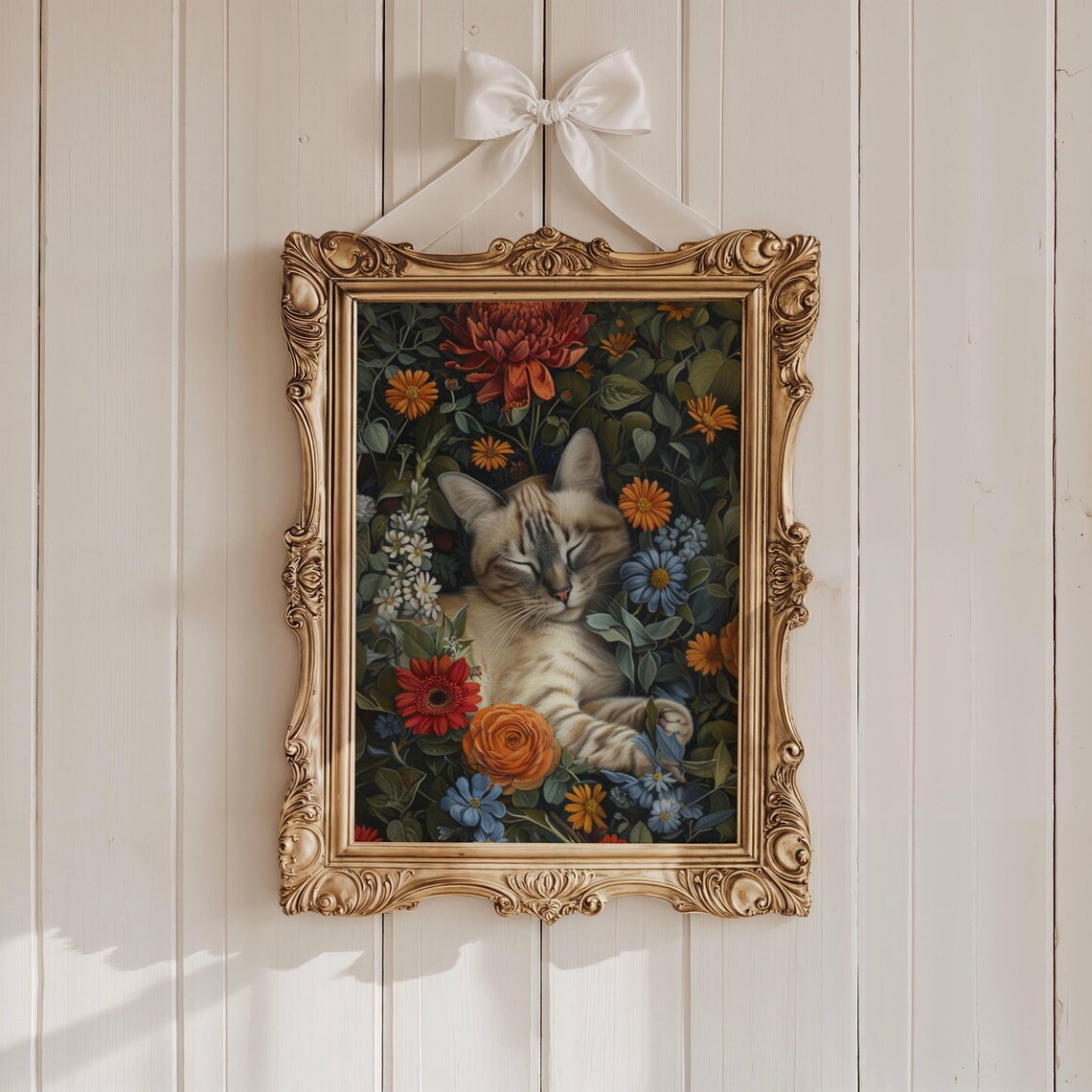 Sleeping Lynx Point Siamese Cat in a Botanical Wildflower Poster - Image 2