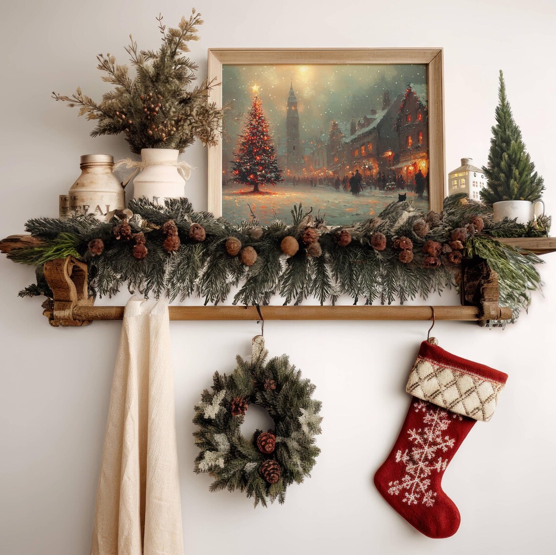 Christmas City Scene With Black Cat, Impressionist Art Print - Image 4
