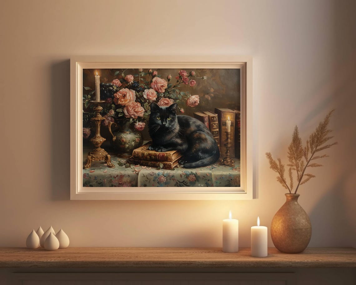 Black Cat On Vintage Books With Pink Roses And Lit Candles Poster - Image 4