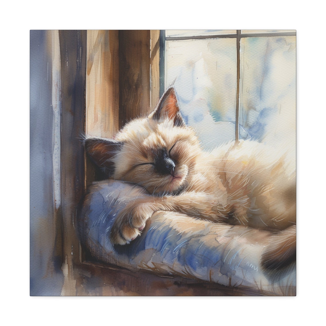 Siamese Kitten Sleeping on Windowsill Cushion Watercolor Poster - Image 2