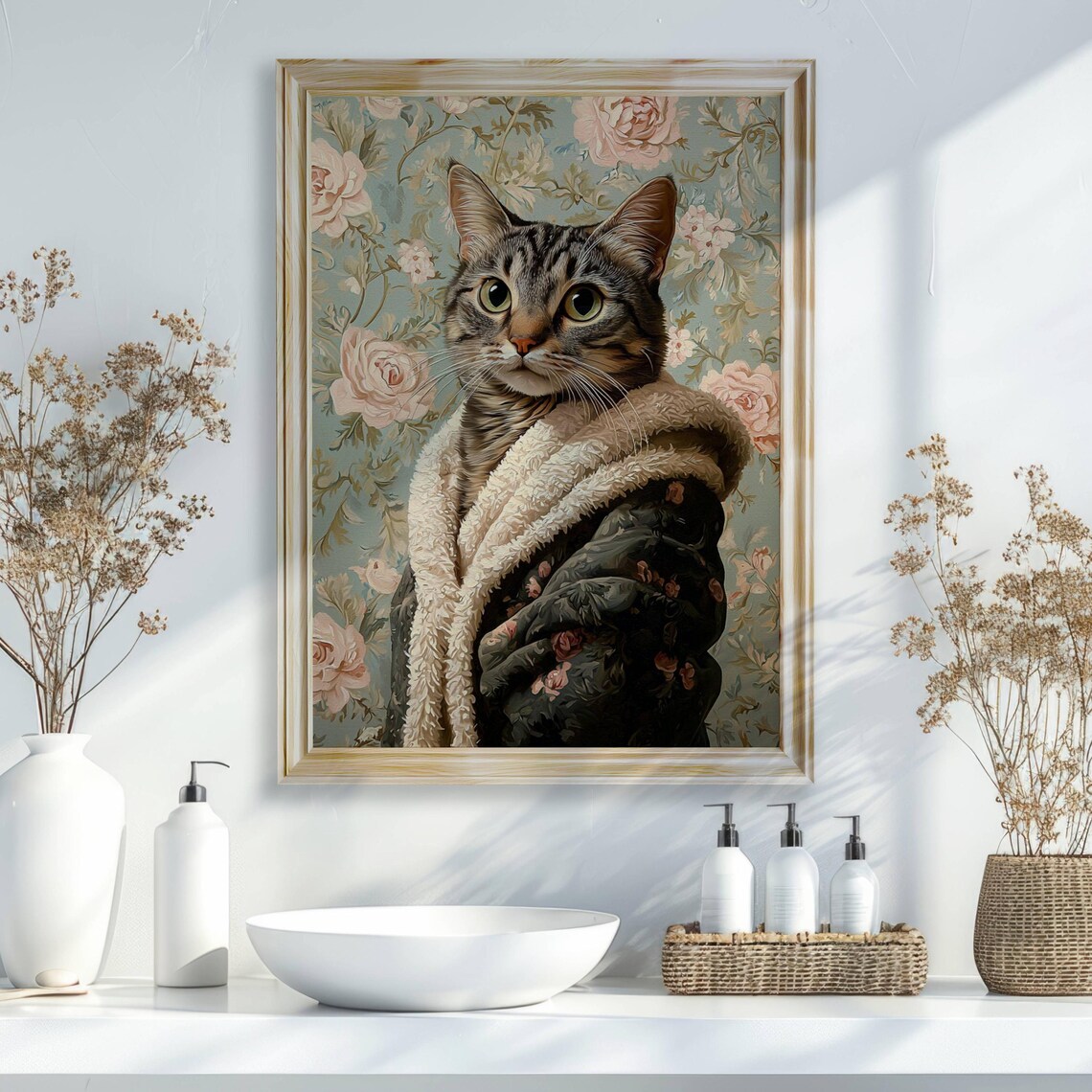 Gray Mackerel Tabby Cat In Bathrobe, Whimsical Print - Image 6