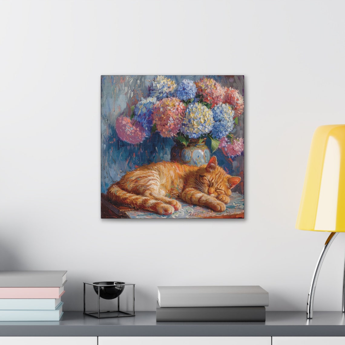 Ginger Cat Sleeping Beneath a Vase of Colorful Hydrangeas Poster - Image 3