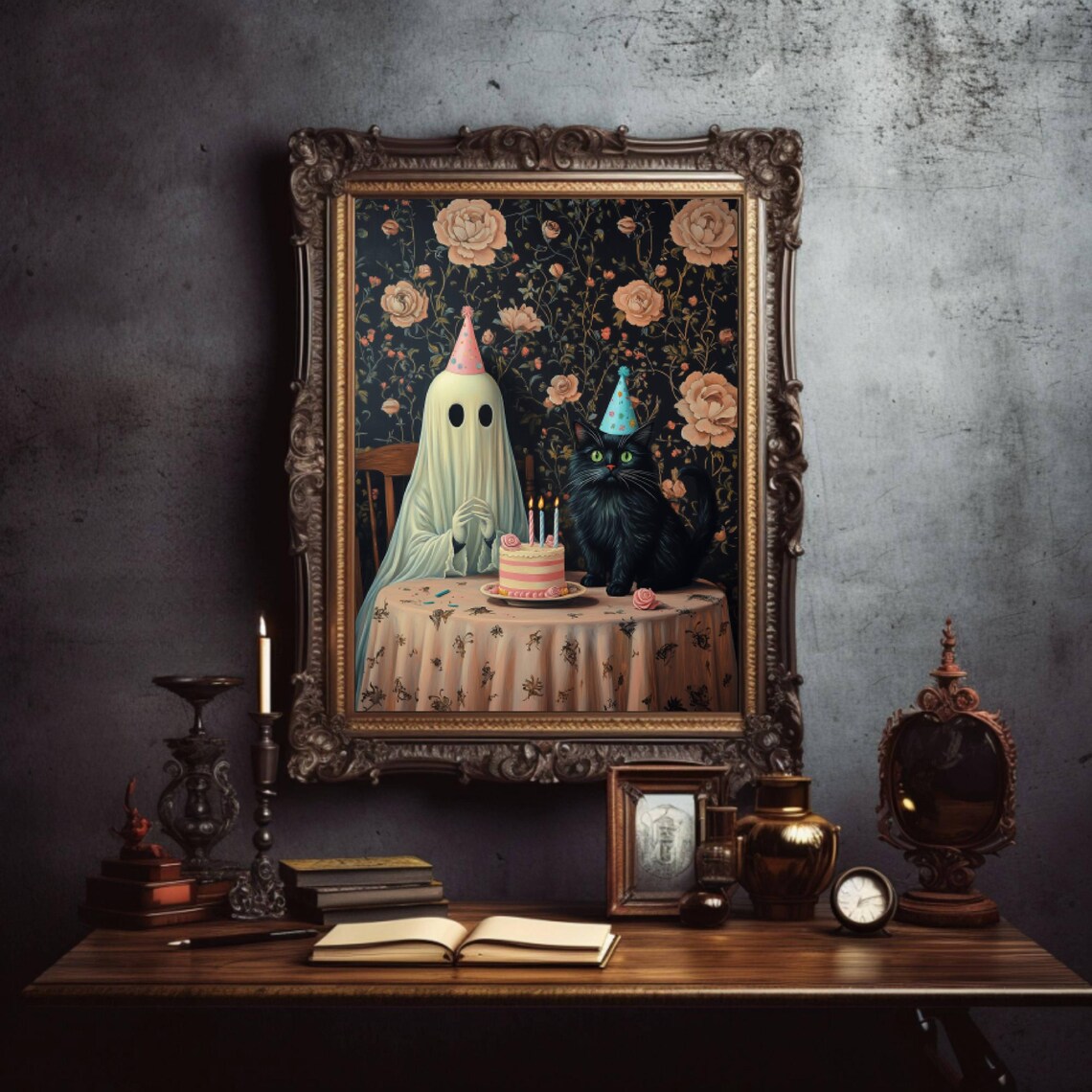 Ghost And Cat Birthday Party Cat Art Print - Image 3