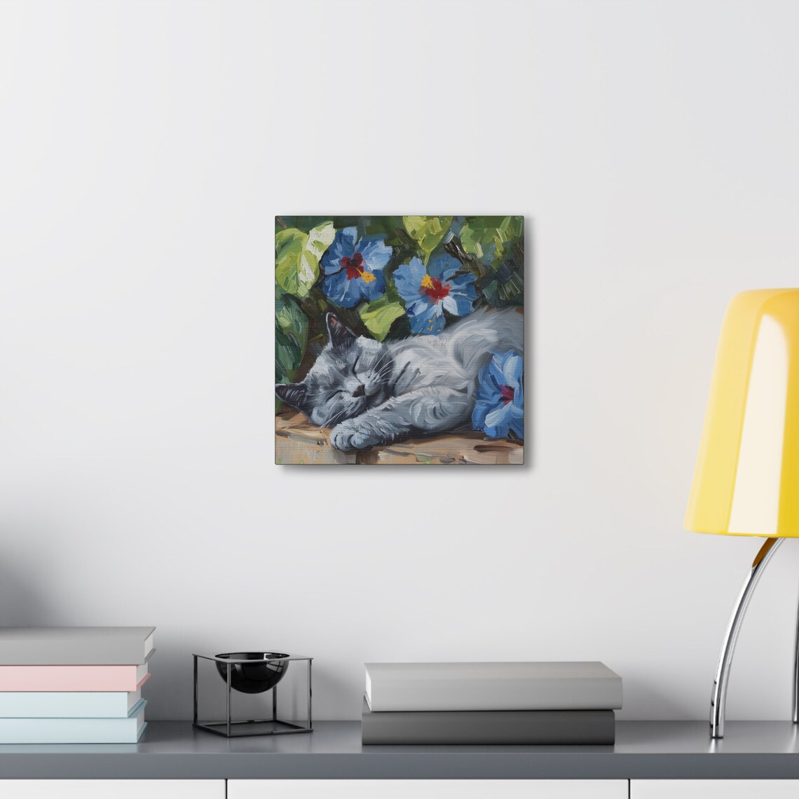 Russian Blue Gray Cat Sleeping Among Blue Hibiscus Flowers Poster - Image 6