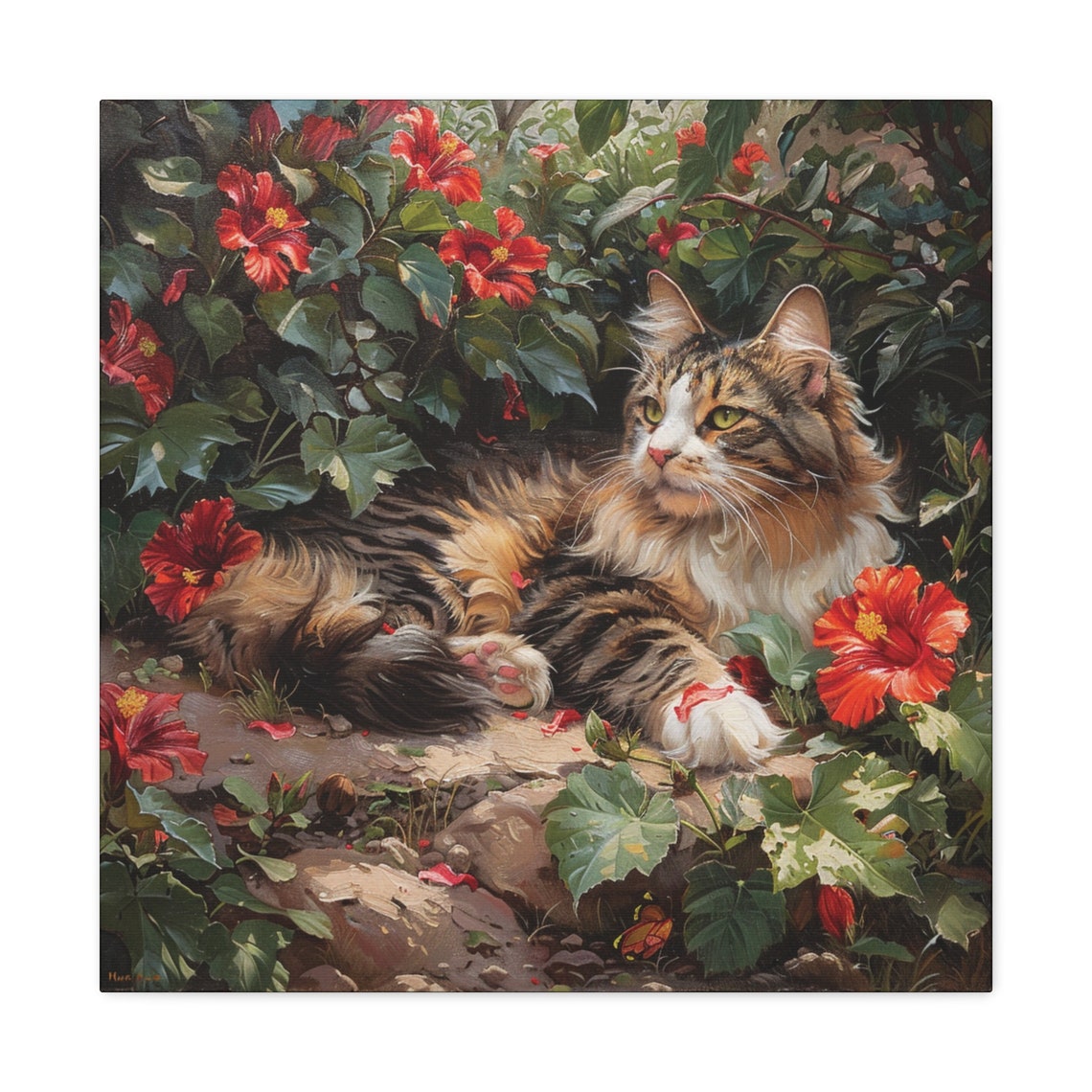 Long Haired Tabby Cat Resting Among Red Hibiscus Flowers Poster - Image 2