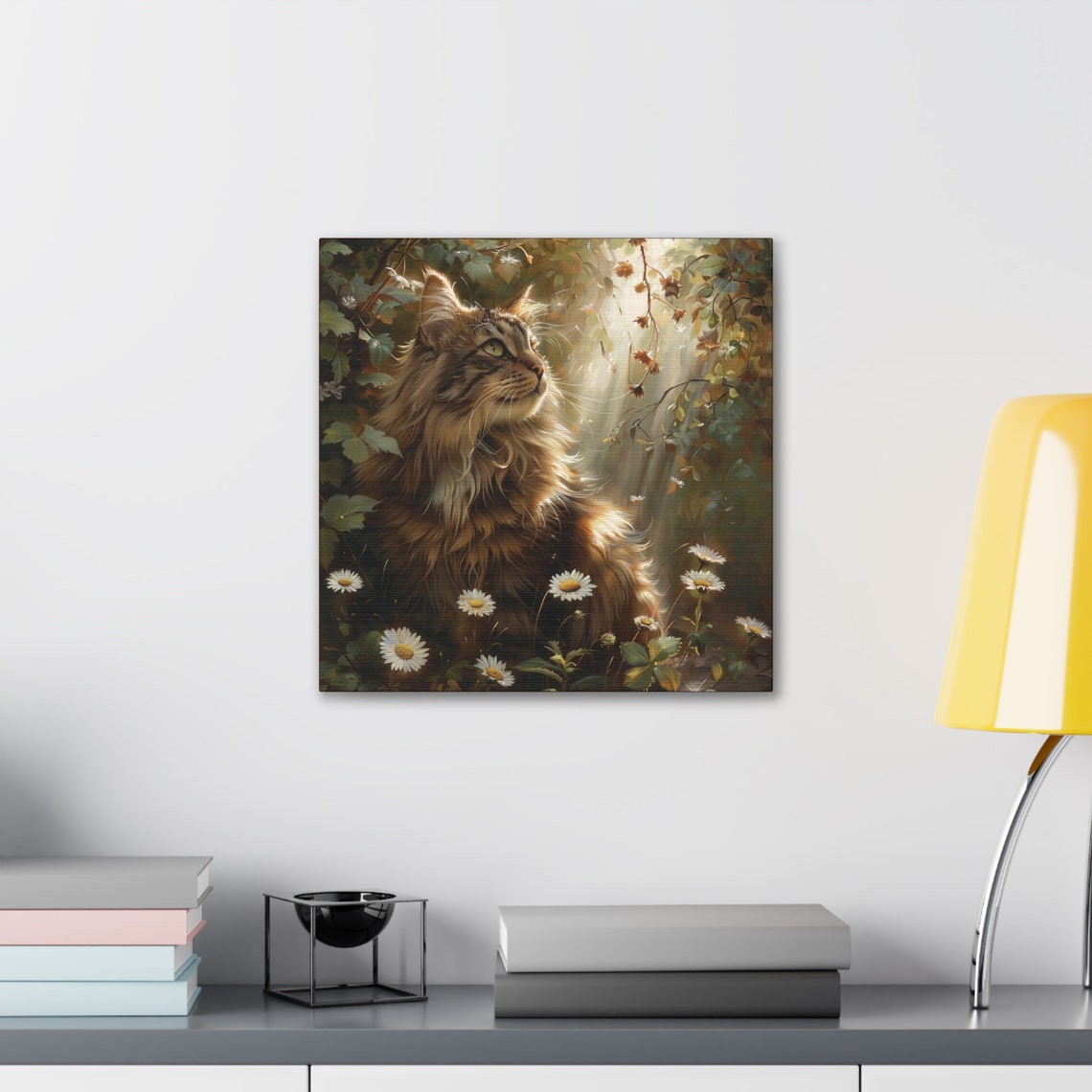 Long Haired Tabby Cat in a Sunlit Garden with Daisies Poster - Image 5