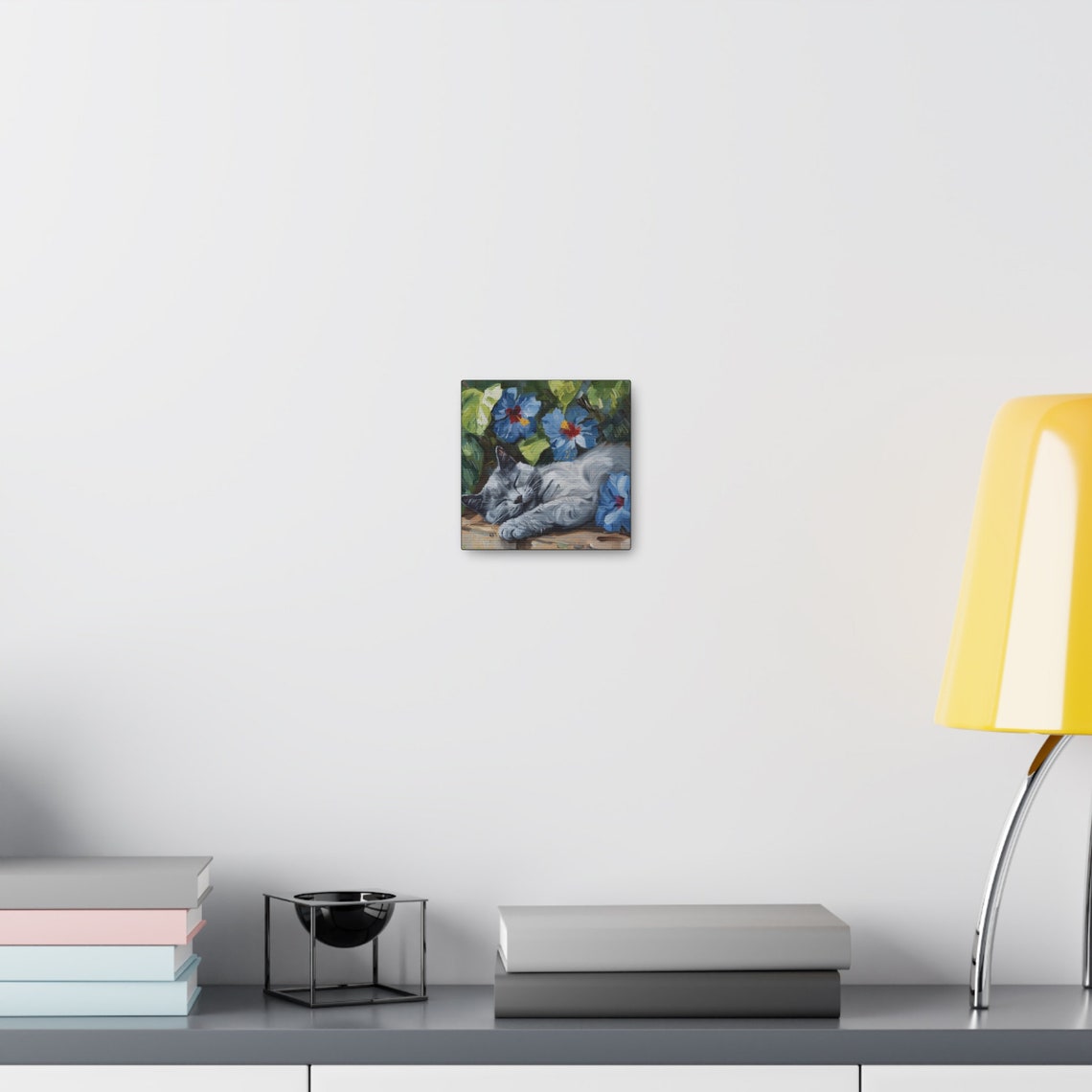 Russian Blue Gray Cat Sleeping Among Blue Hibiscus Flowers Poster - Image 4