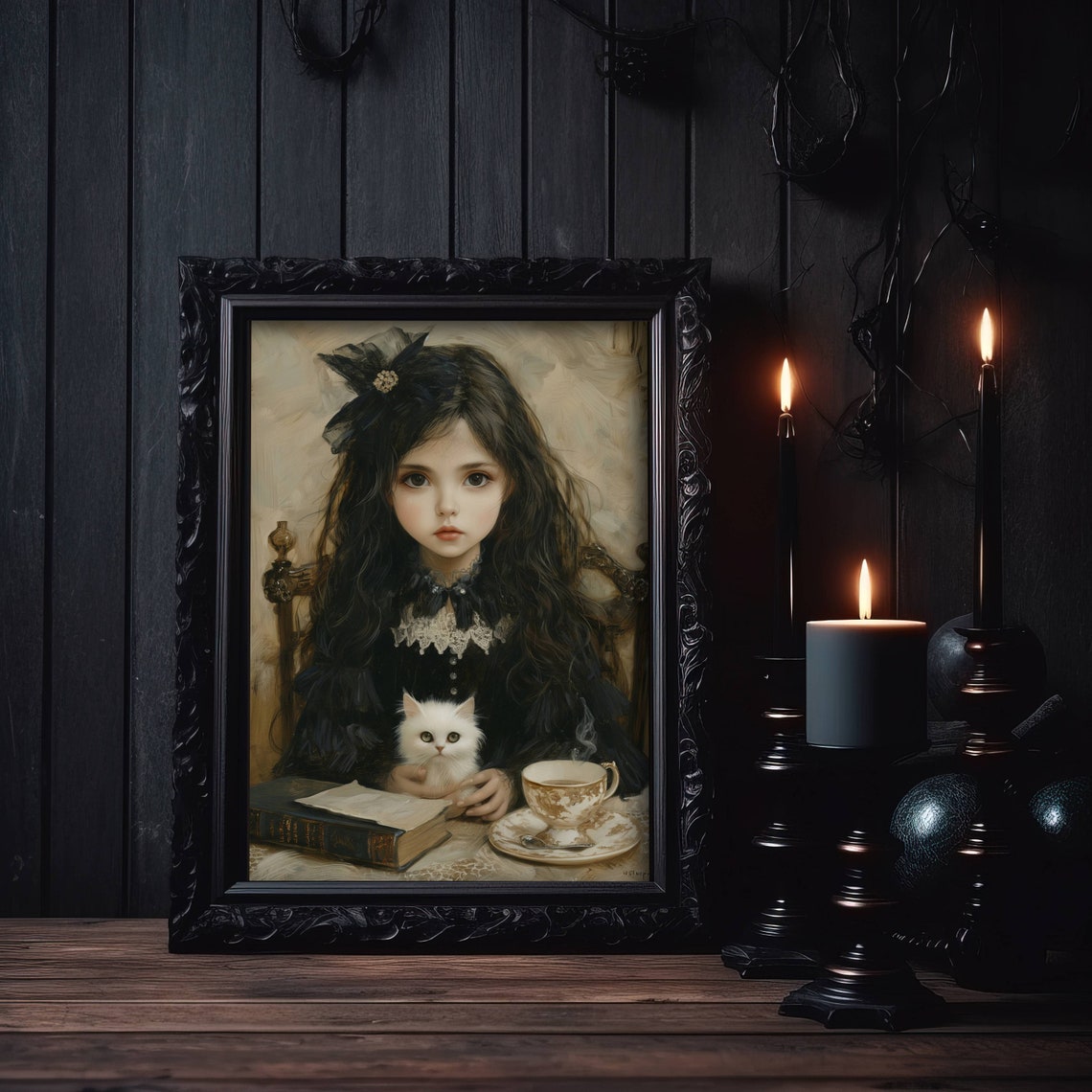 Gothic Portrait of a Girl Holding a White Cat at a Tea Table Poster - Image 7
