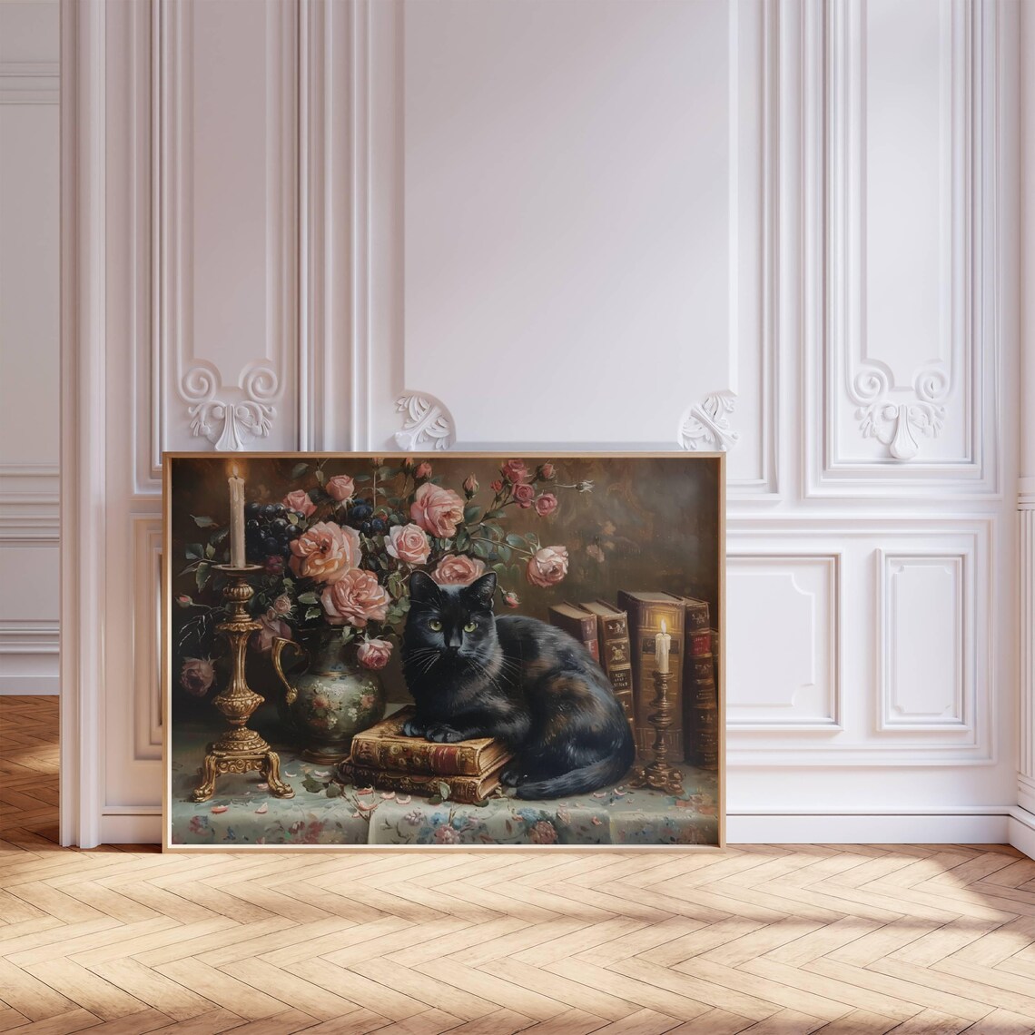 Black Cat On Vintage Books With Pink Roses And Lit Candles Poster - Image 5