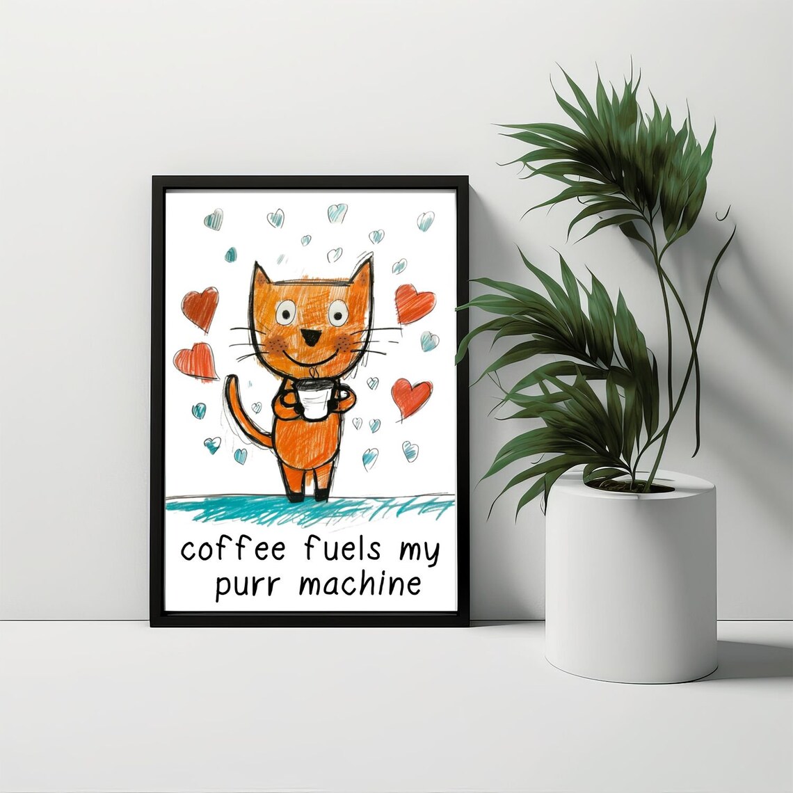 Ginger Cat Holding Coffee 'Coffee Fuels My Purr Machine' Cartoon Poster - Image 2