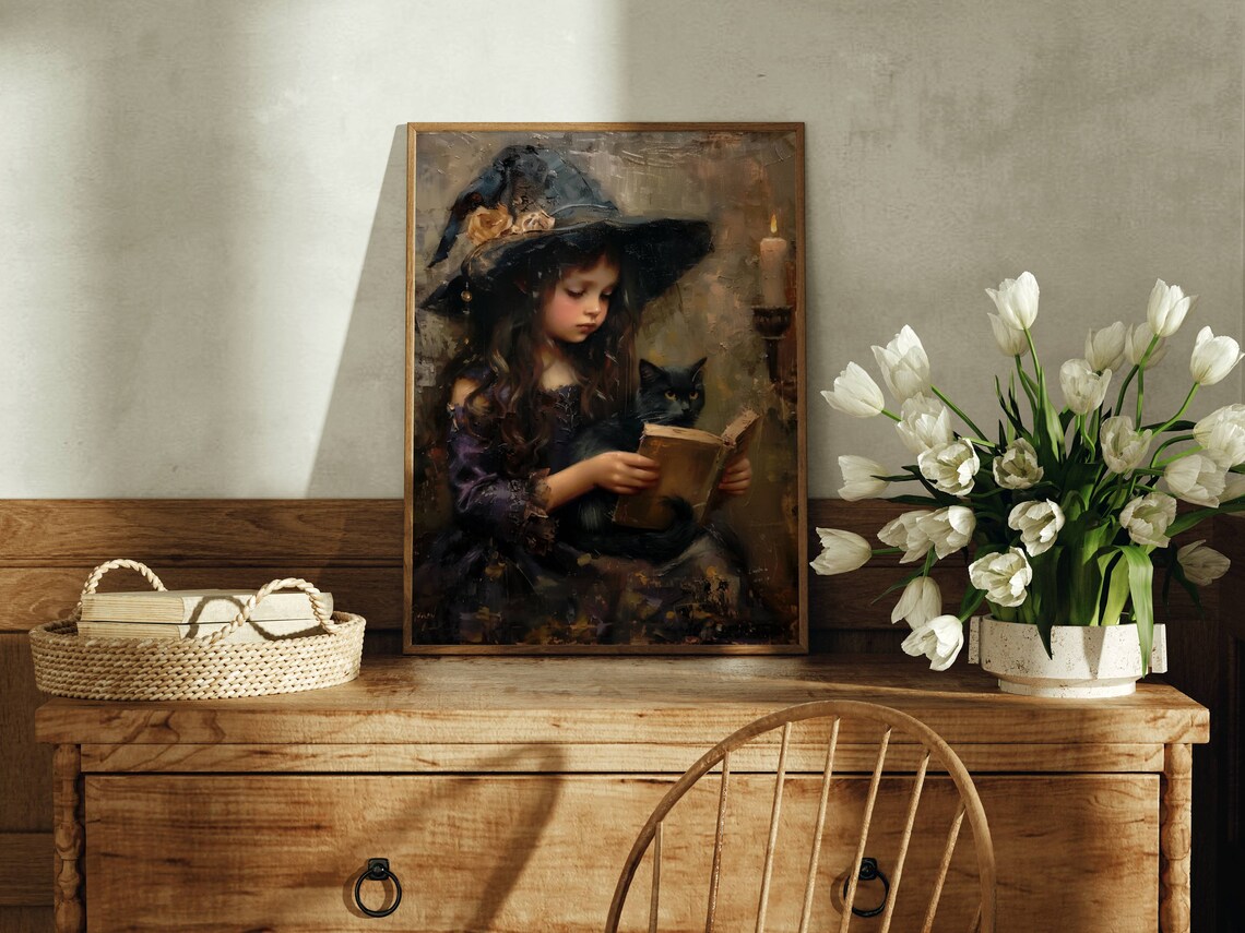Girl Witch And Black Cat Cat Wall Art Poster Print - Image 3